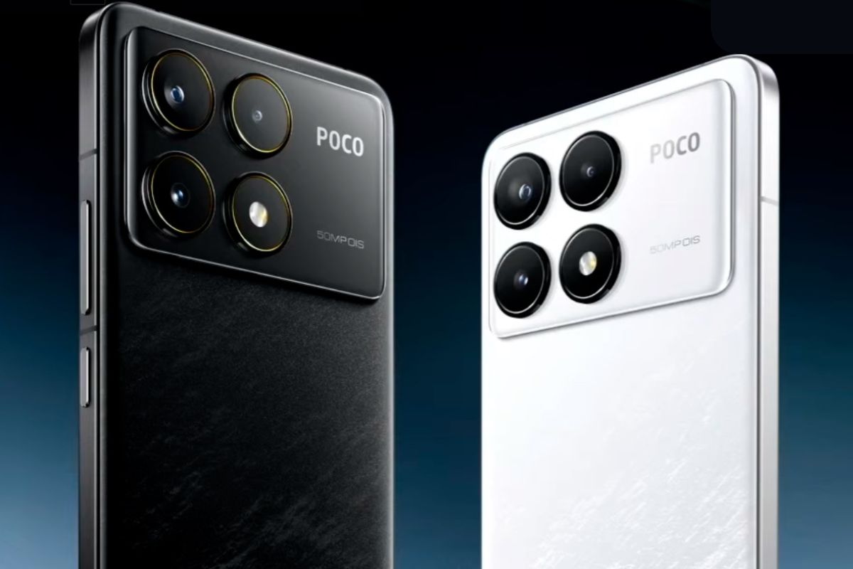 Imagem de divulgação com dois modelos POCO F6 Pro (um preto e um branco)