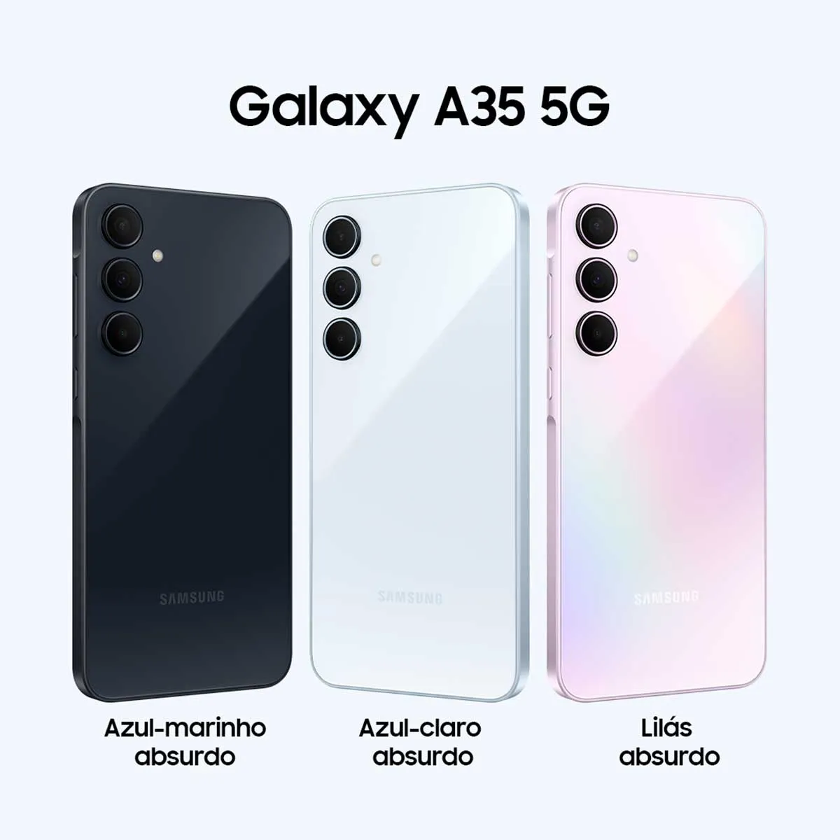 Galaxy A35 cores: azul marinho, azul claro e rosa