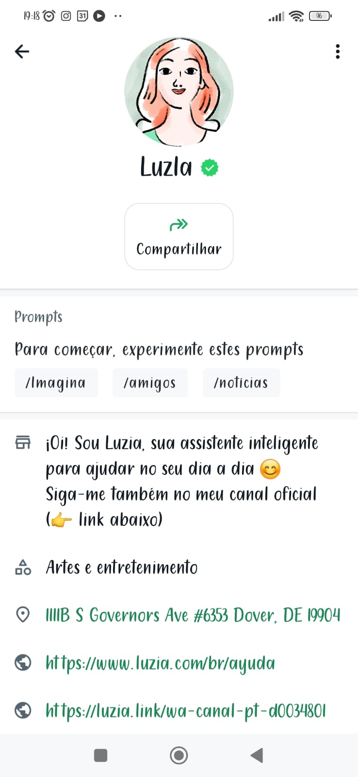 Perfil da LuzIA no Whatsapp (celular)