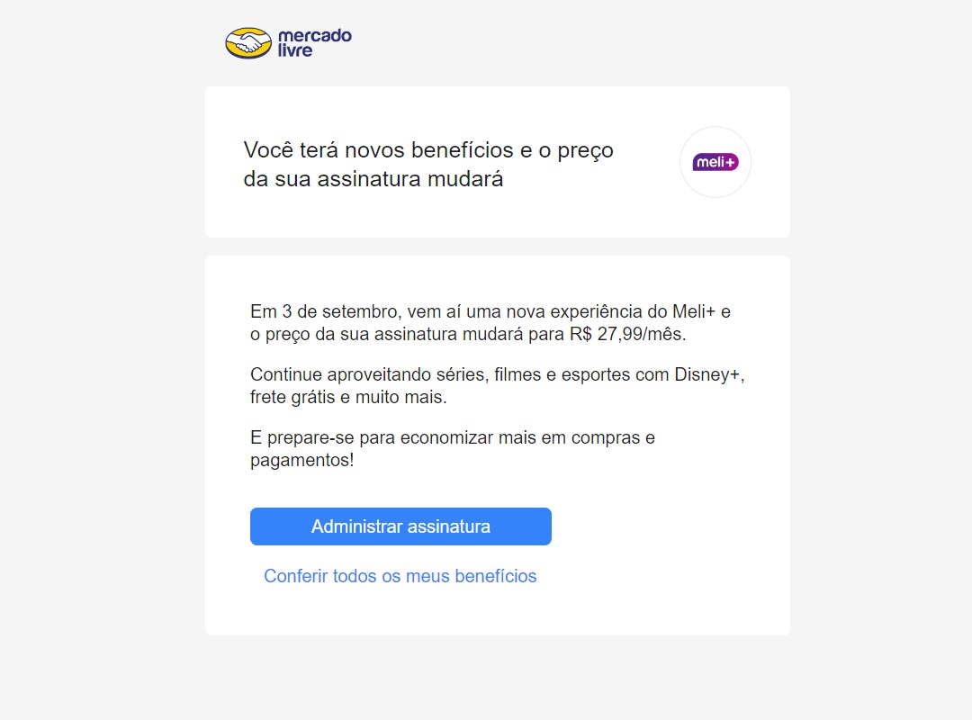 Comunicado sobre aumento de valor do Meli+ 