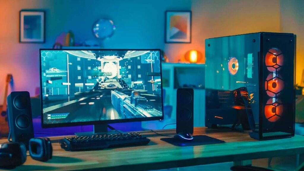 Setup Gamer com monitor e processador e luzes LED coloridas